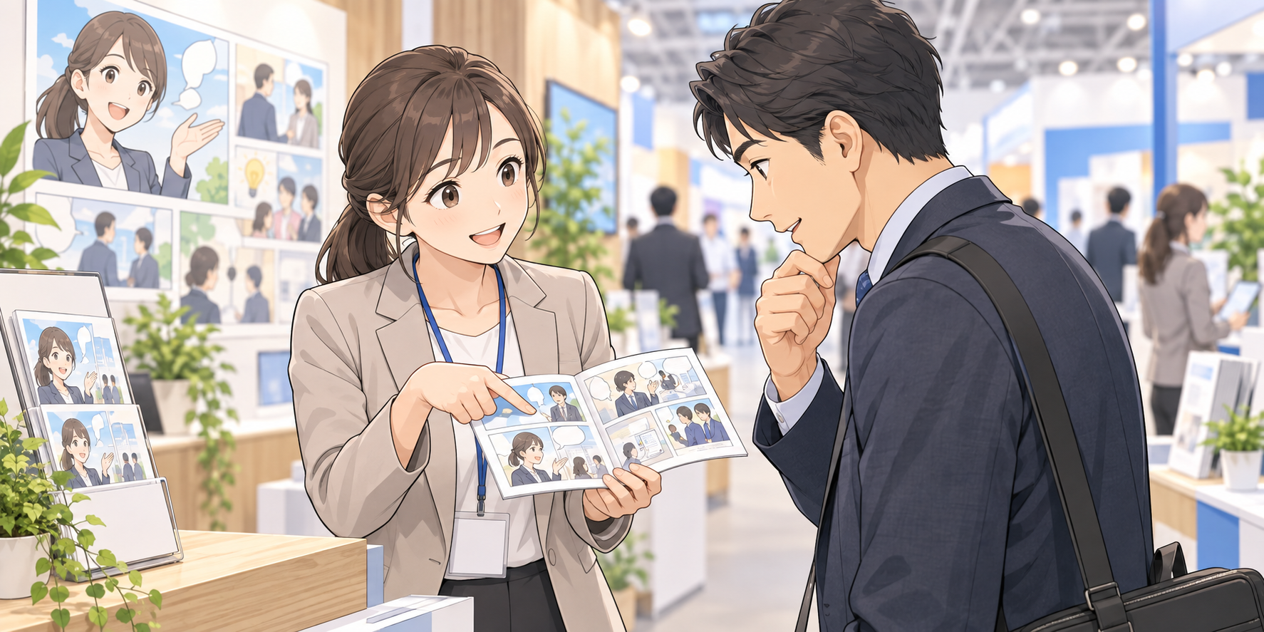 展示会で漫画を活用する方法|事前集客・ブース・会期後フォローのイメージ