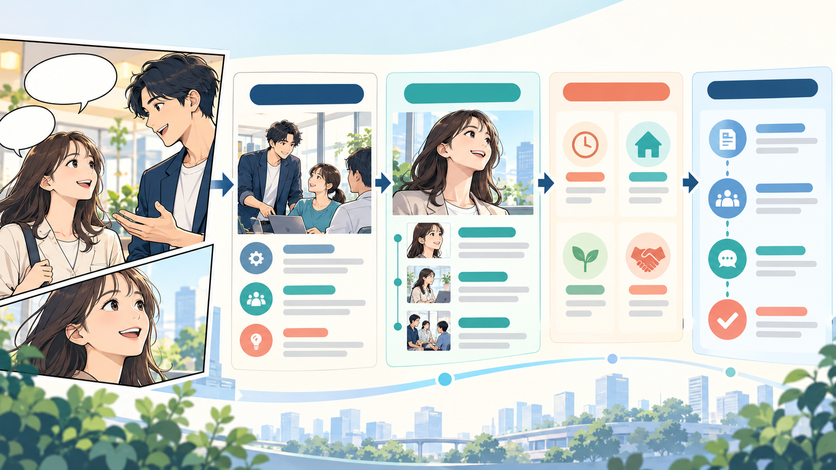 採用サイトに漫画を載せる構成|仕事内容・社員の物語・応募導線の設計のイメージ